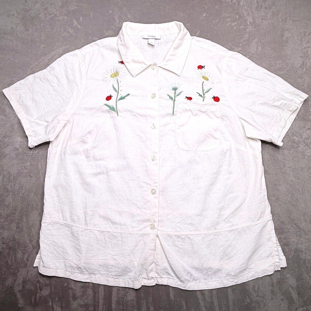 Vtg Dressbarn Button Front Shirt Womens 18 White Linen Embroidered Daisy Ladybug - Picture 2 of 10